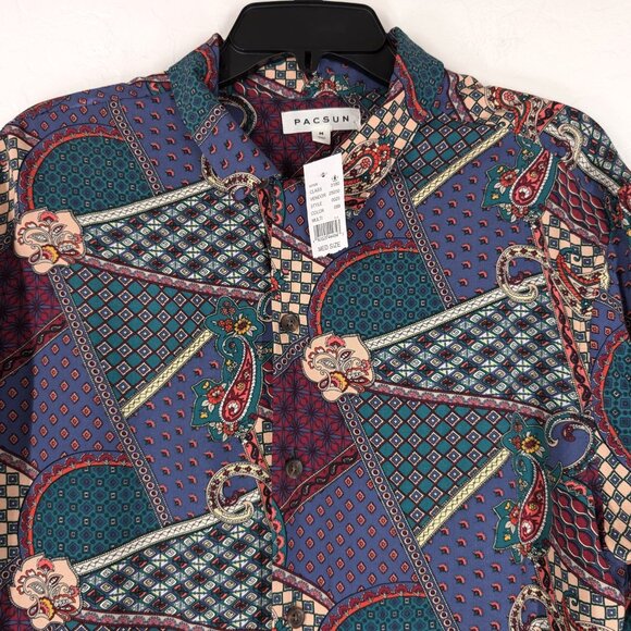 PACSUN Shirt Men's M Multicolor Abstract Short‎ Sleeve Loop Camp Collar Rayon - Picture 3 of 15